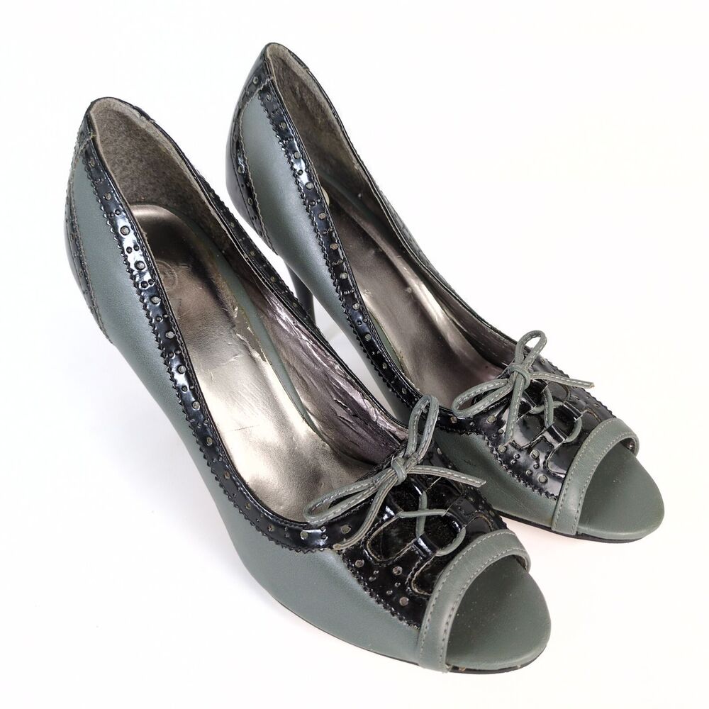 Joey Women's 9.5 Peep Toe 4" High Heels Bow‎ Patent Brogue Trim Academia Preppy